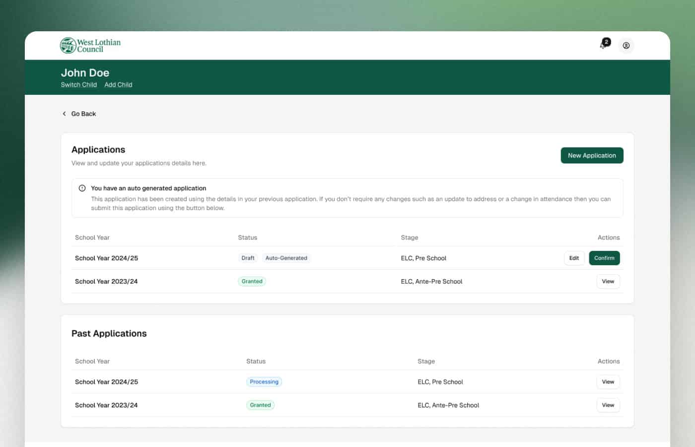 Parent-facing application flow